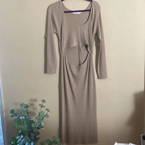 New All in Favor Tan Sweater Dress Long Sleeve BodyCon Tight Cut Out Crop Large
